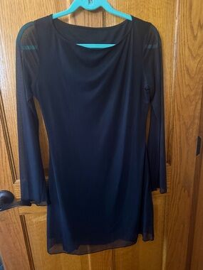 Black Long-Sleeve Sheer-Sleeve Shift Dress
